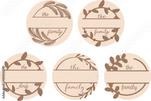 Family Split Monogram SVG, Laser Cut Files, Personalized Name, Elegant Wreath, Decorative Laurel Leaves Branches, Round Sign Bundle