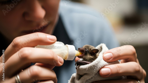 Wildlife rescuer bottle feeding a tiny orphaned baby bat