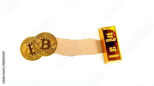 Physical Bitcoin coin and gold bar on white background with torn paper texture, representing digital currency vs traditional asset investment concept