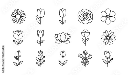 Simple flower outline vector set in flat minimal line style on white background