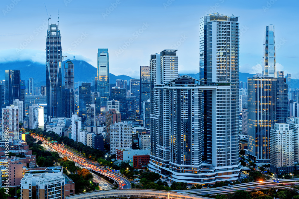 Obraz premium Aerial view of the big city at night, Shenzhen, China.