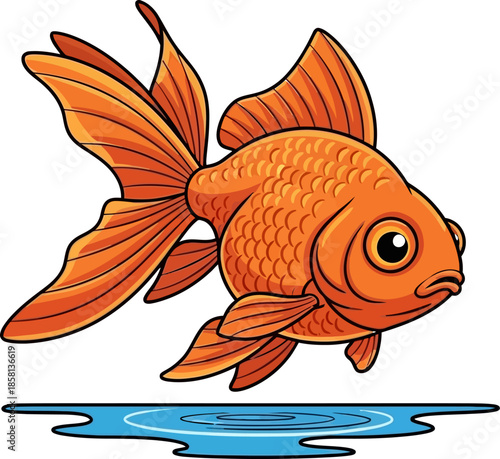 Vibrant Orange Goldfish Swimming Above Rippling Water Surface Illustration
