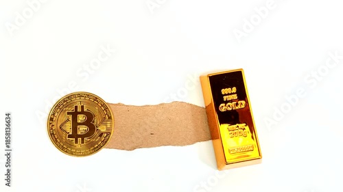 Physical Bitcoin coin and gold bar on white background with torn paper texture, representing digital currency vs traditional asset investment concept