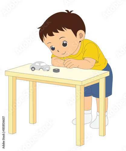 Child Examining a Toy Car with a Detached Wheel