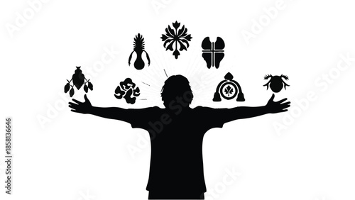 Silhouette of a person with arms outstretched, surrounded by various abstract symbols and icons, representing ideas and creativity.