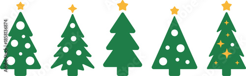 Five Green Christmas Trees with Stars and Circles