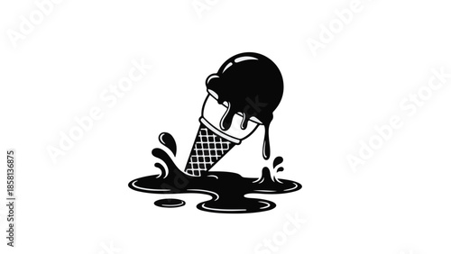 Melting black ice cream cone in a messy puddle on white background