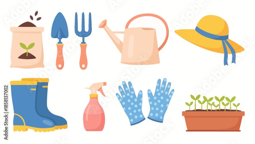 Collection of essential gardening tools and accessories including a watering can, gloves, boots, and young plants in a planter.