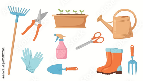 A comprehensive collection of essential gardening tools and equipment, including a rake, watering can, gloves, boots, and various hand tools for planting and tending a garden.