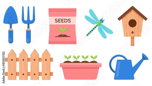 A vibrant collection of gardening tools, seed packets, young sprouts, a birdhouse, and a dragonfly, representing spring and outdoor hobbies.