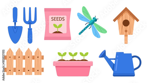 collection of gardening tools, seed packet