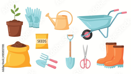 A collection of essential gardening tools and supplies including a potted plant, gloves, watering can, wheelbarrow, seeds, soil, and various hand tools.