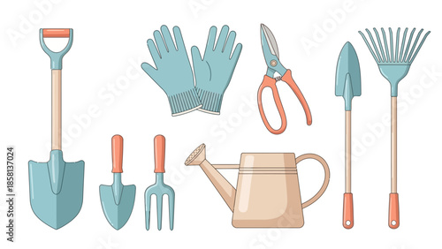 A collection of essential gardening tools including a shovel, gloves, pruning shears, a watering can, a rake, a trowel, and a hand fork, arranged on a white background.