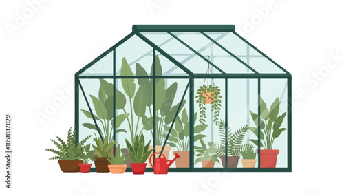 A vibrant illustration of a greenhouse filled with various potted plants and a red watering can, set against a white background.