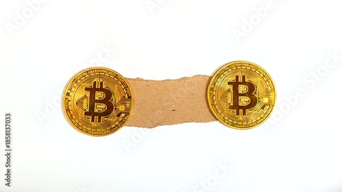 Physical Bitcoin with a piece of brown paper isolated on white