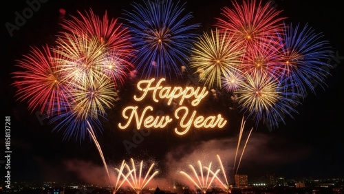 Celebrate the end of the year with a spectacular Happy New Year fireworks display over the city skyline at night