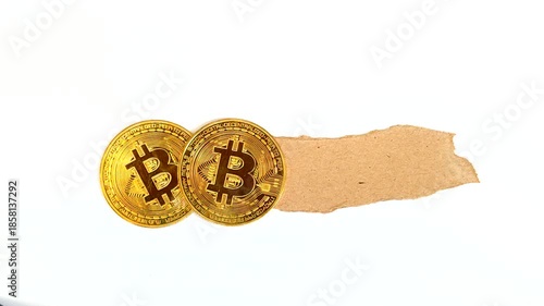 Physical Bitcoin with a piece of brown paper isolated on white