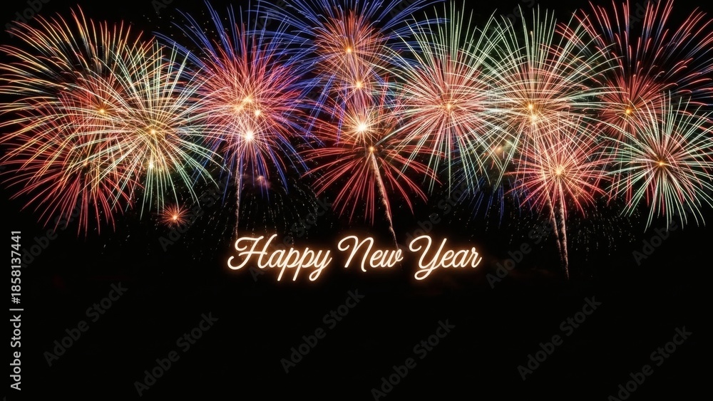 Fototapeta premium Bright and Colorful Fireworks Display Celebrating Happy New Year with Sparkling Lights Against a Dark Sky