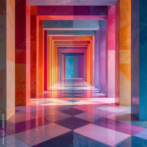 Vibrant Hallway of Infinite Colors and Geometric Patterns.