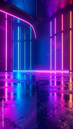 Vibrant Neon Lighted Room with Reflective Wet Floor and Futuristic Ambiance.