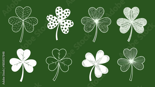 A collection of eight different hand-drawn shamrock illustrations on a green background.