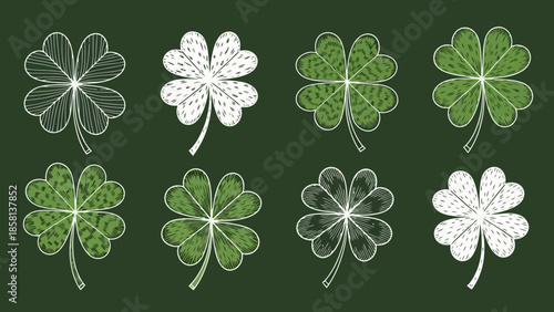 A collection of eight stylized four-leaf clovers in various green and white chalk-like designs on a dark green background.