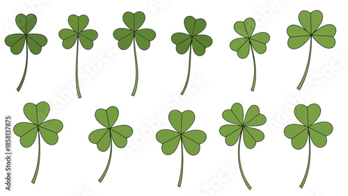 A collection of ten green shamrocks with stems, arranged in two rows against a white background.