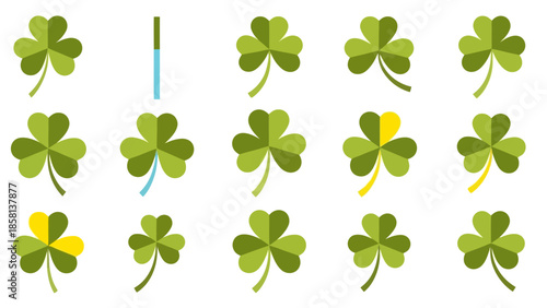 A collection of shamrock illustrations with varying details and colors, including some with yellow accents and curved stems.
