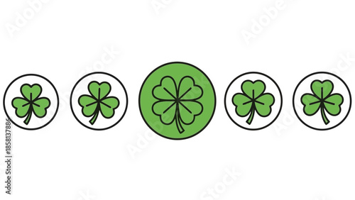 A row of five green shamrocks, with the center one being a four-leaf clover.