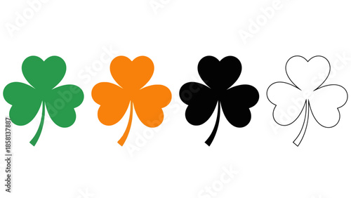 Four shamrocks in a row, one green, one orange, one black, and one outlined in white.