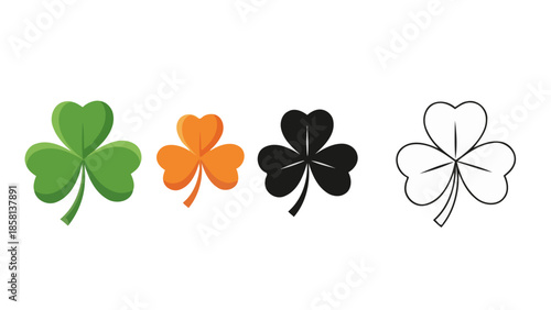 Four shamrock illustrations, each with a different style, including color and outline variations.