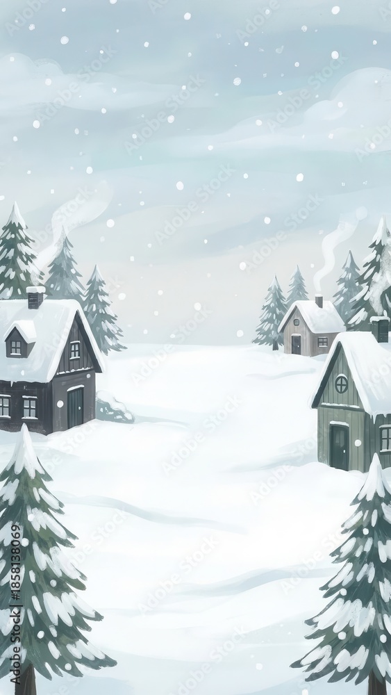 Naklejka premium Winter village scene snowy landscape 2d background peaceful environment
