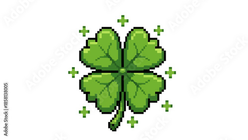 Pixelated illustration of a four-leaf clover, a symbol of good luck and fortune.