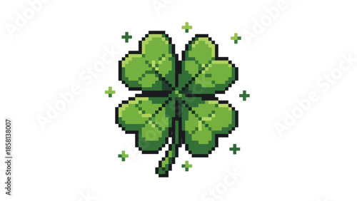 Pixel art illustration of a four-leaf clover with green sparkles around it.