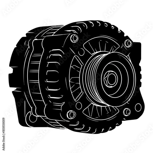Automotive car alternator vector illustration in black and white silhouette style for engine electrical system maintenance and repair