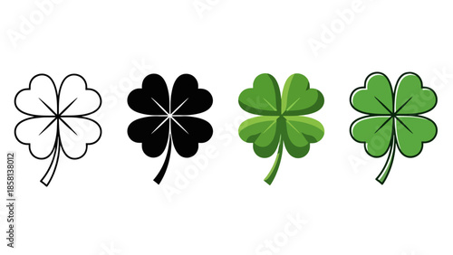 Four different artistic representations of a four-leaf clover, including outline, silhouette, and shaded versions.
