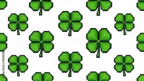 A seamless pattern of pixelated four-leaf clovers on a white background, symbolizing luck and good fortune.