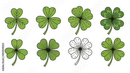 Collection of shamrock and four-leaf clover illustrations in various styles.