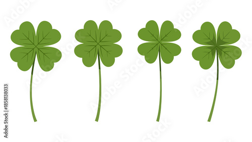 Four detailed illustrations of green four-leaf clovers on white background.