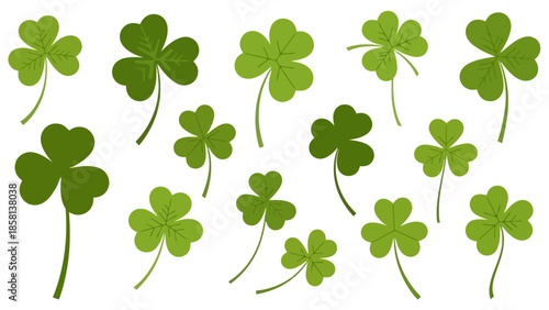 A collection of various green shamrock clover leaves on a white background, symbolizing luck and St. Patrick's Day.