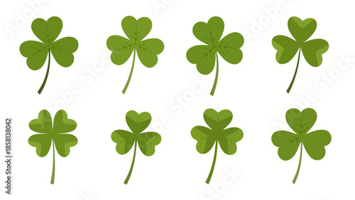 A collection of green shamrock and clover leaves, symbolizing luck and St. Patrick's Day.