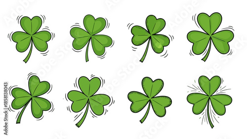 A collection of eight green shamrocks with slightly different animated movements, symbolizing luck and St. Patrick's Day.