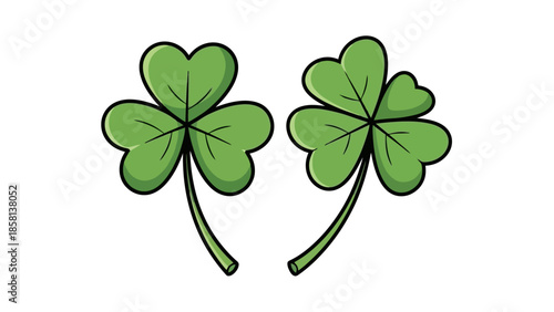 Two green shamrocks, one with three leaves and the other with four leaves, are depicted against a white background.