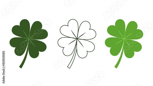 Three stylized illustrations of a four-leaf clover, one solid green, one outline, and one gradient green.