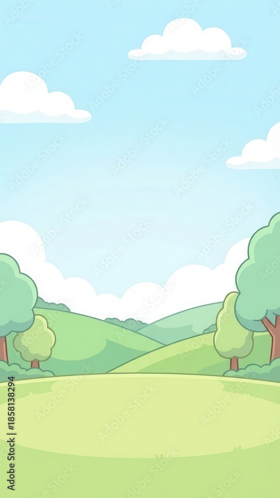 Obraz premium Playful 2d cartoon background of a serene nature landscape for kids