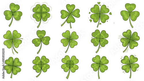 A collection of various green clover leaves, including both three-leaf and four-leaf varieties, presented in a grid.