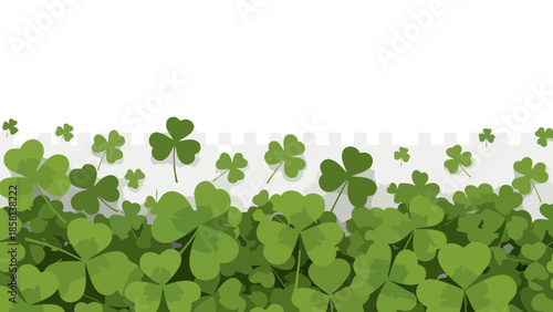 A vibrant and lush green clover field with many shamrocks scattered across the foreground and background, creating a festive and naturalistic scene.
