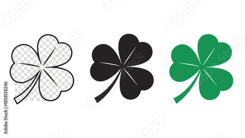 Three different styles of a four-leaf clover icon, including a transparent outline, a solid black silhouette, and a vibrant green illustration.