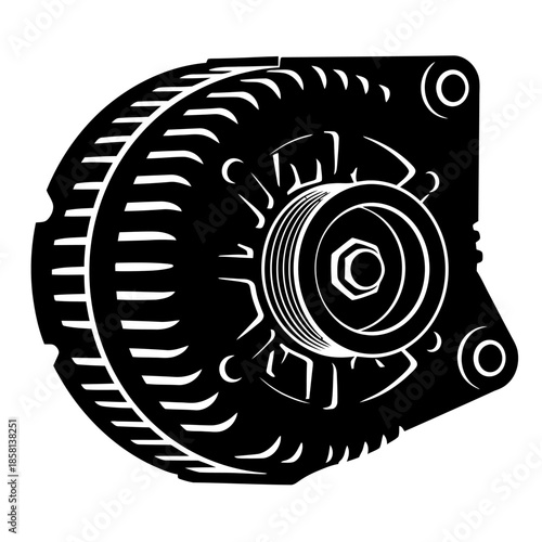 Automotive car alternator vector illustration in black and white silhouette style for engine electrical system maintenance and repair