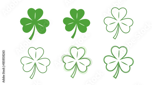 A collection of six green shamrock illustrations, some solid and some outlined, on a white background.
